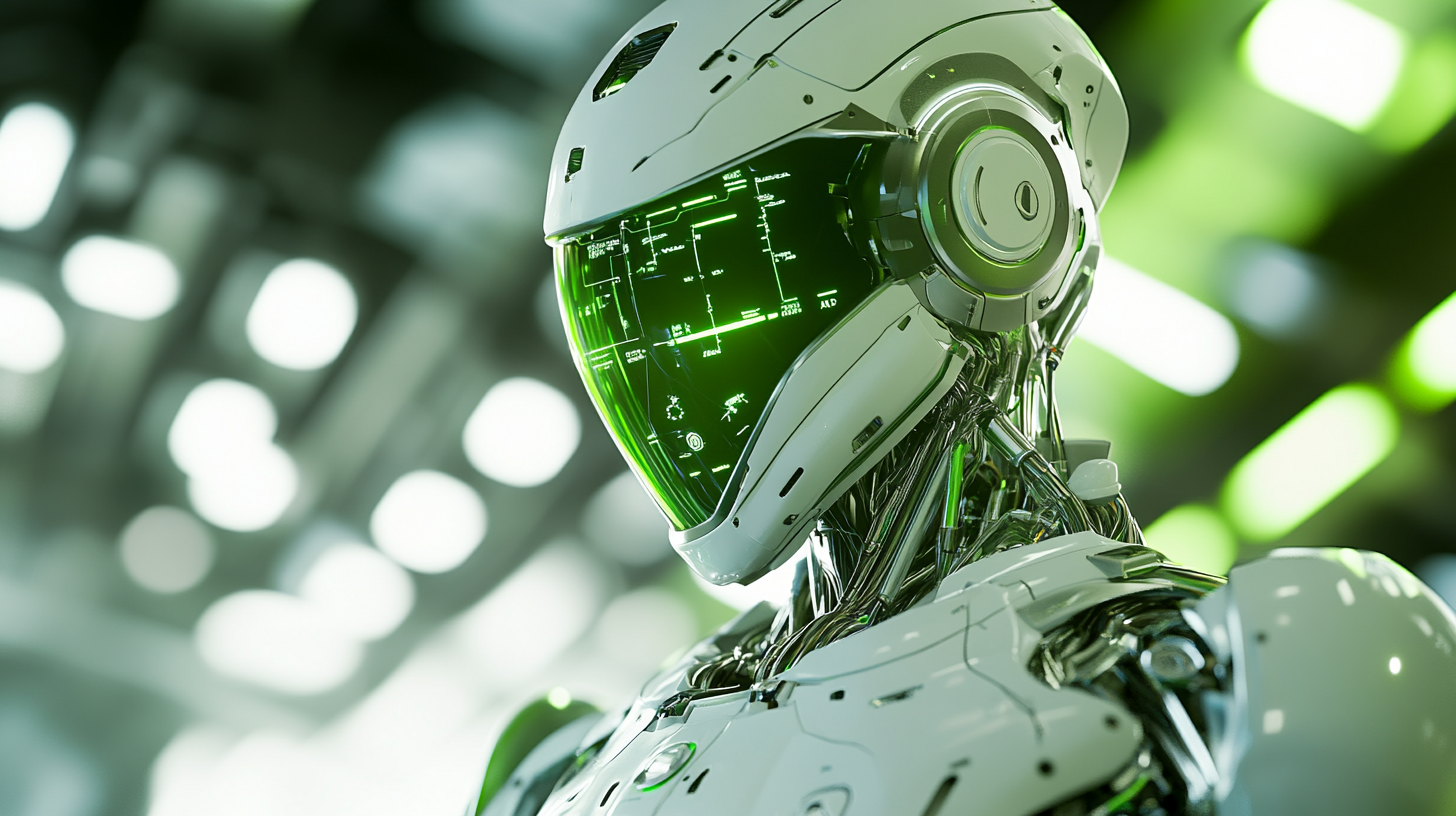 Use green and white for lively background image, 3D modeling used to depict AI robot.