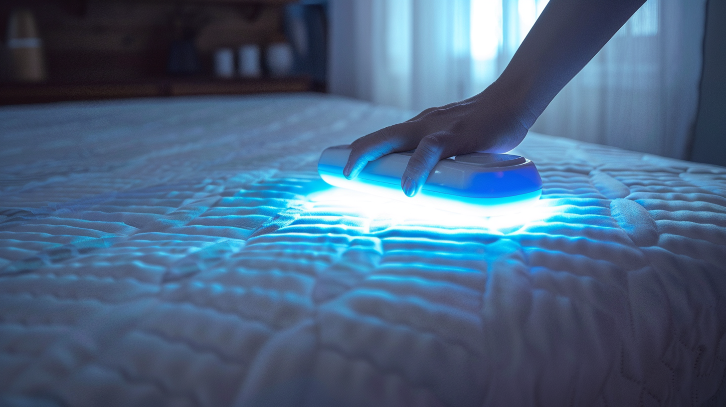 Using UV sterilizer to clean mattress in daylight.