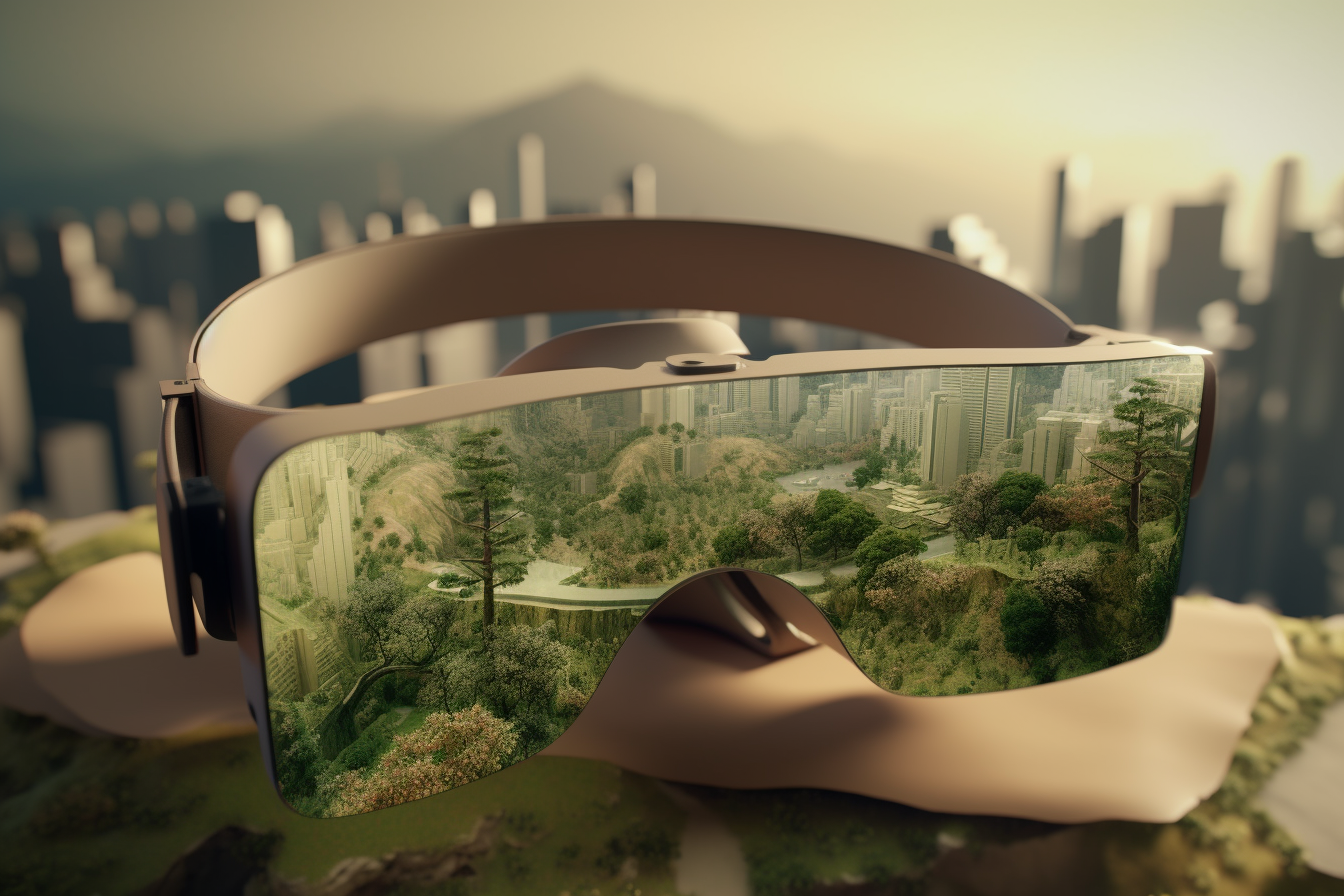 VR headset shows city, greenery, desert miniature landscape.