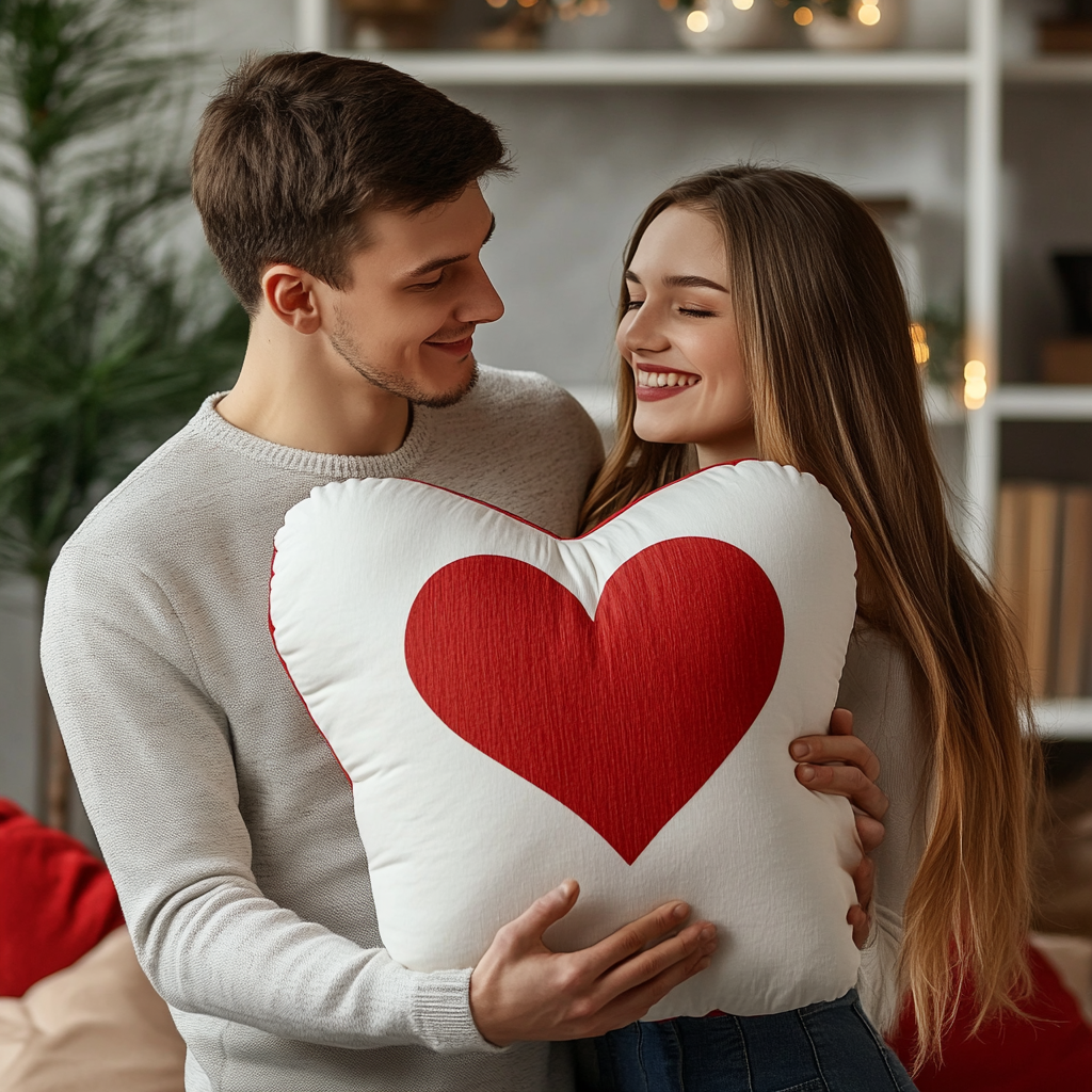 Valentine's Day couple received heart-shaped pillow gift.