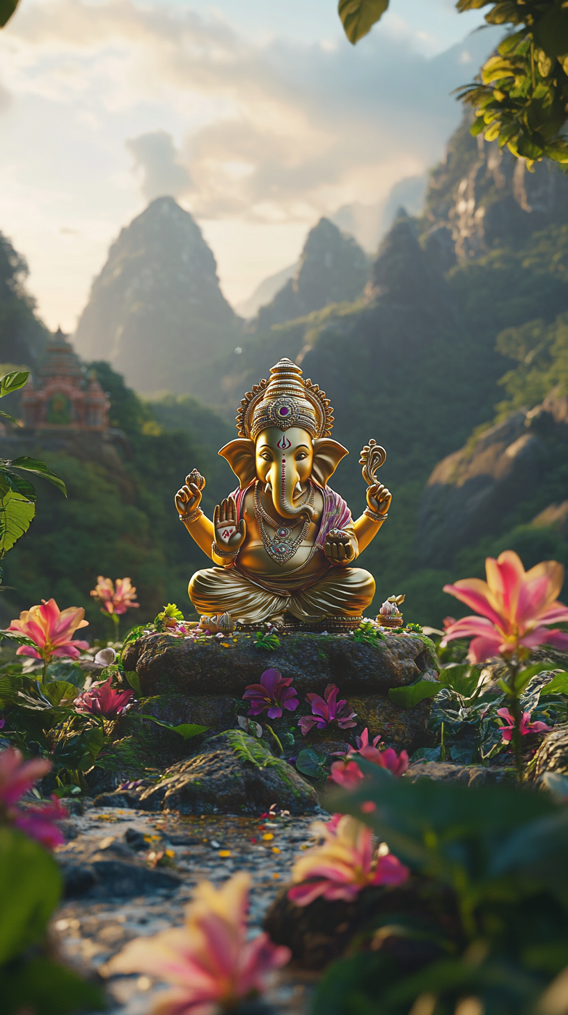 Valley with greenery, gold Ganesh idol, Hindu temple, sunrise.