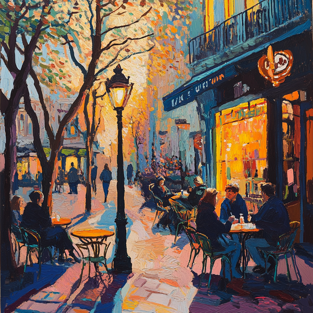 Van Gogh painting Paris scene with people drinking coffee.