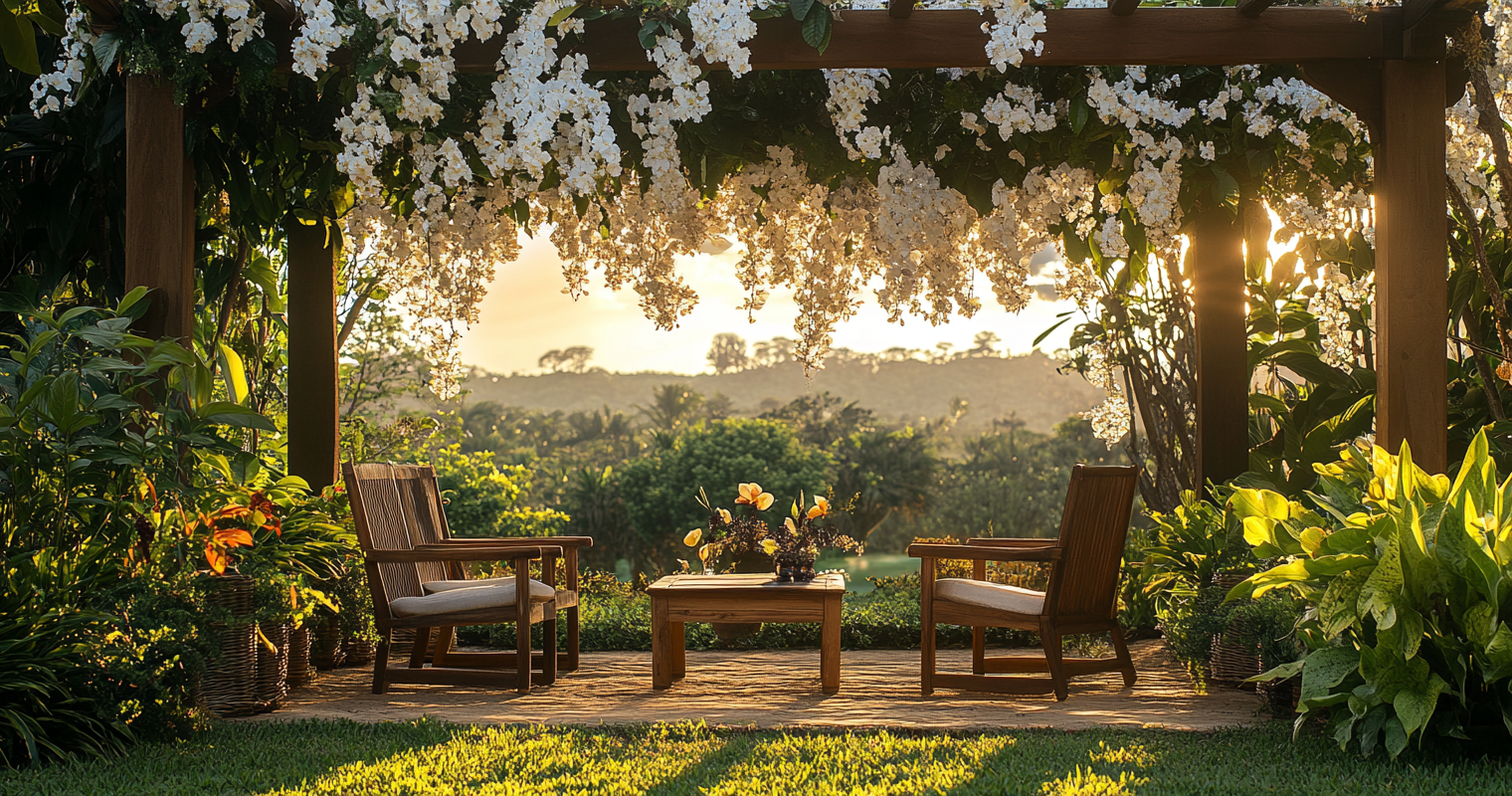 Vanilla orchids create canopy over garden furniture