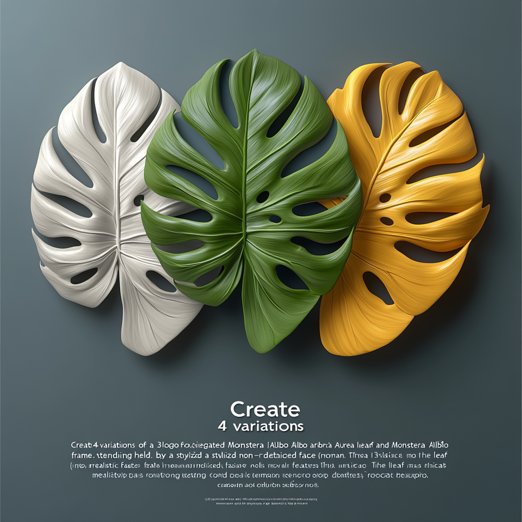 Variations of 3D Aroid Society logo with Monstera Albo and Aurea leaf and woman holding circle.