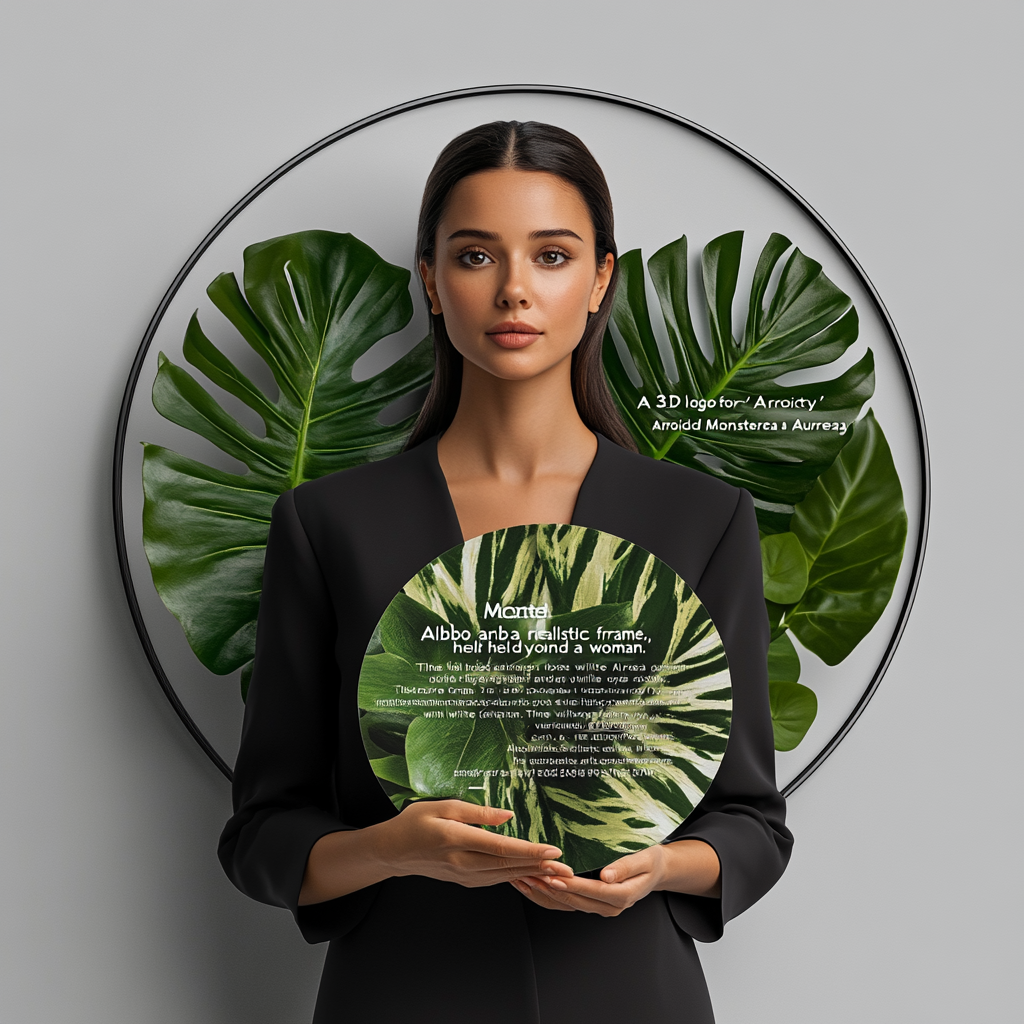 Variegated Monstera leaf held by woman for Aroid Society.