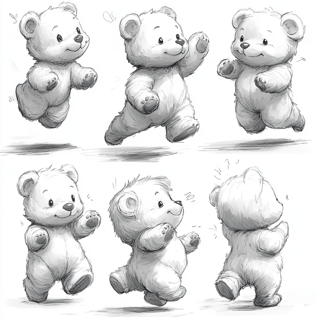 Variety of Teddy Bear Postures in Simple Line Drawings