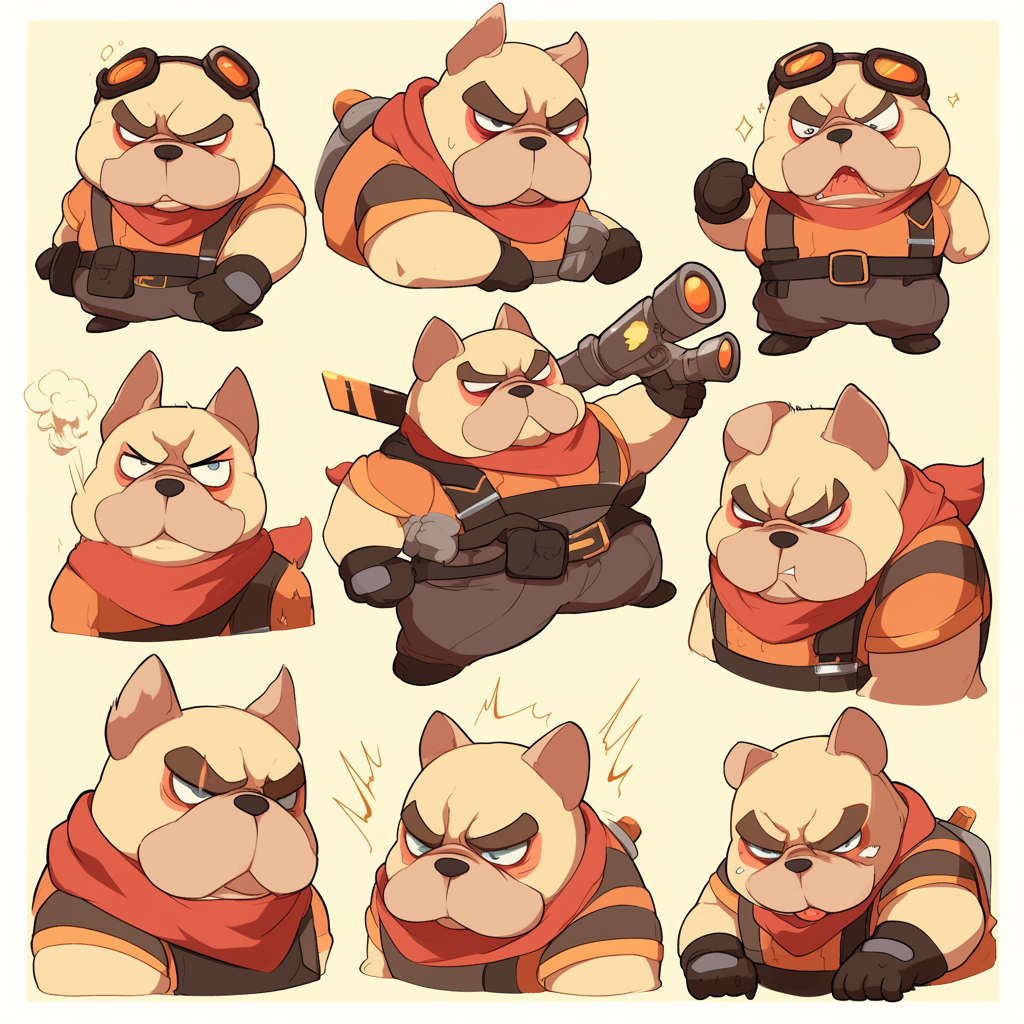 Various Bulldog drawings show feelings and actions