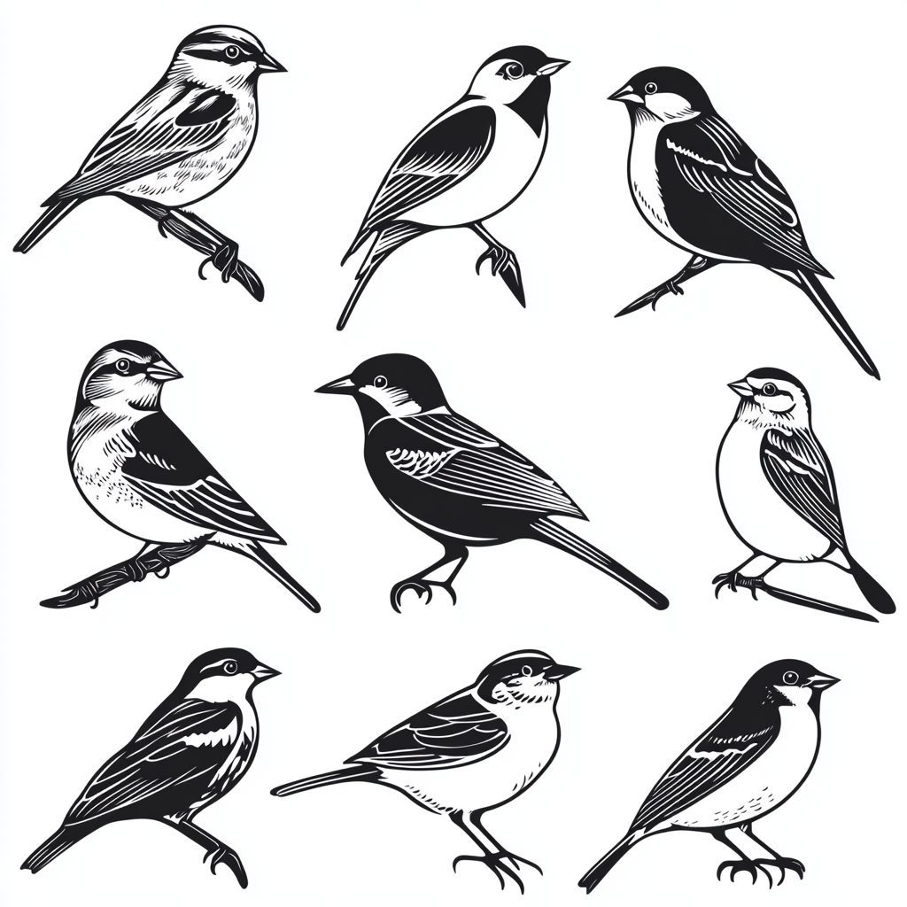 Various birds in black and white vector style image.