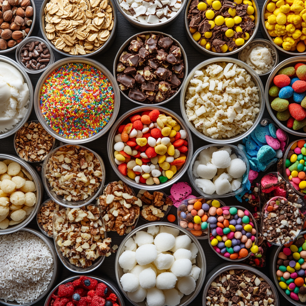 Various dry ice cream toppings displayed on table.