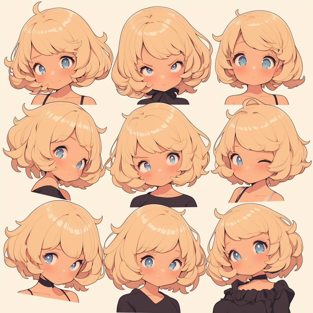 Various girls with blonde hair, tan skin, in chibi style poses