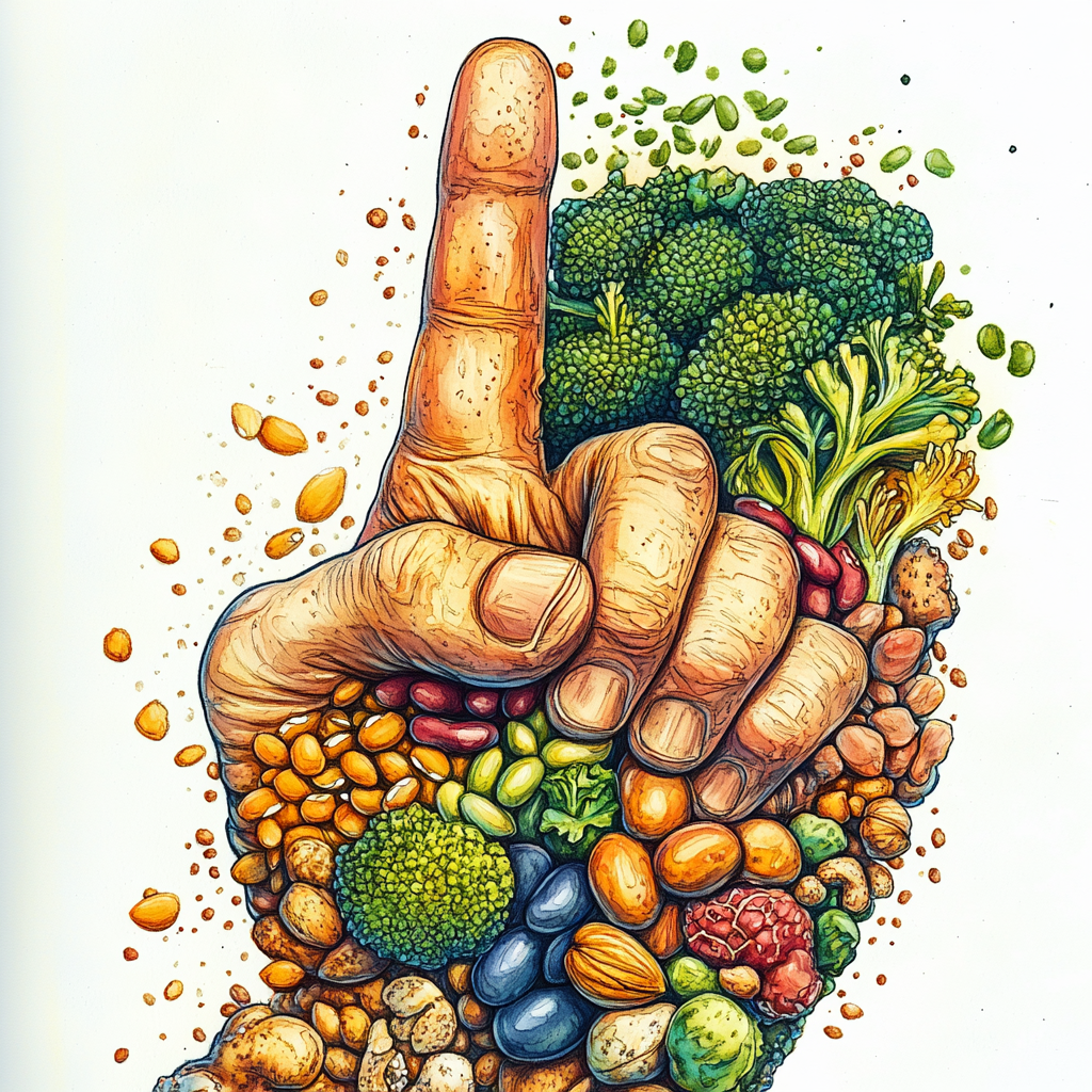 Various healthy foods arranged in hand gesture illustration.