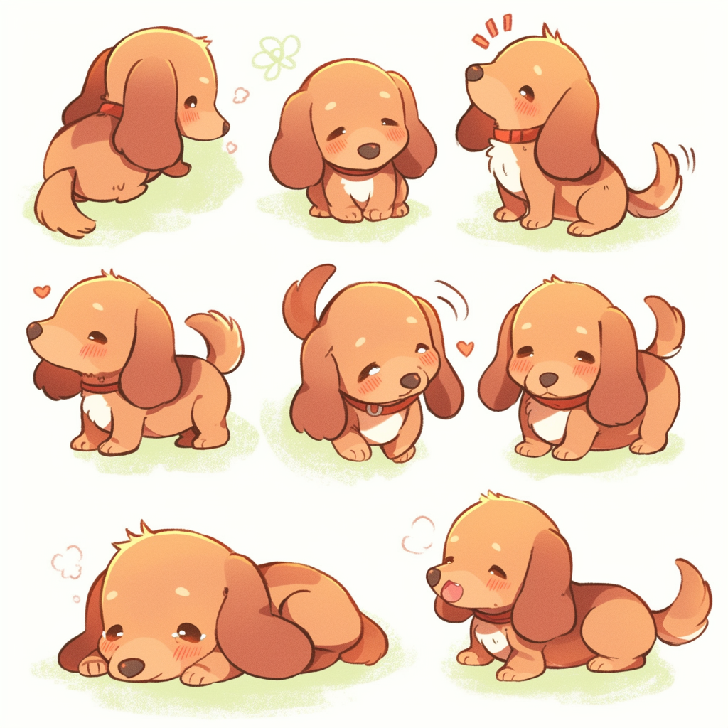 Various poses of a sad Dachshund