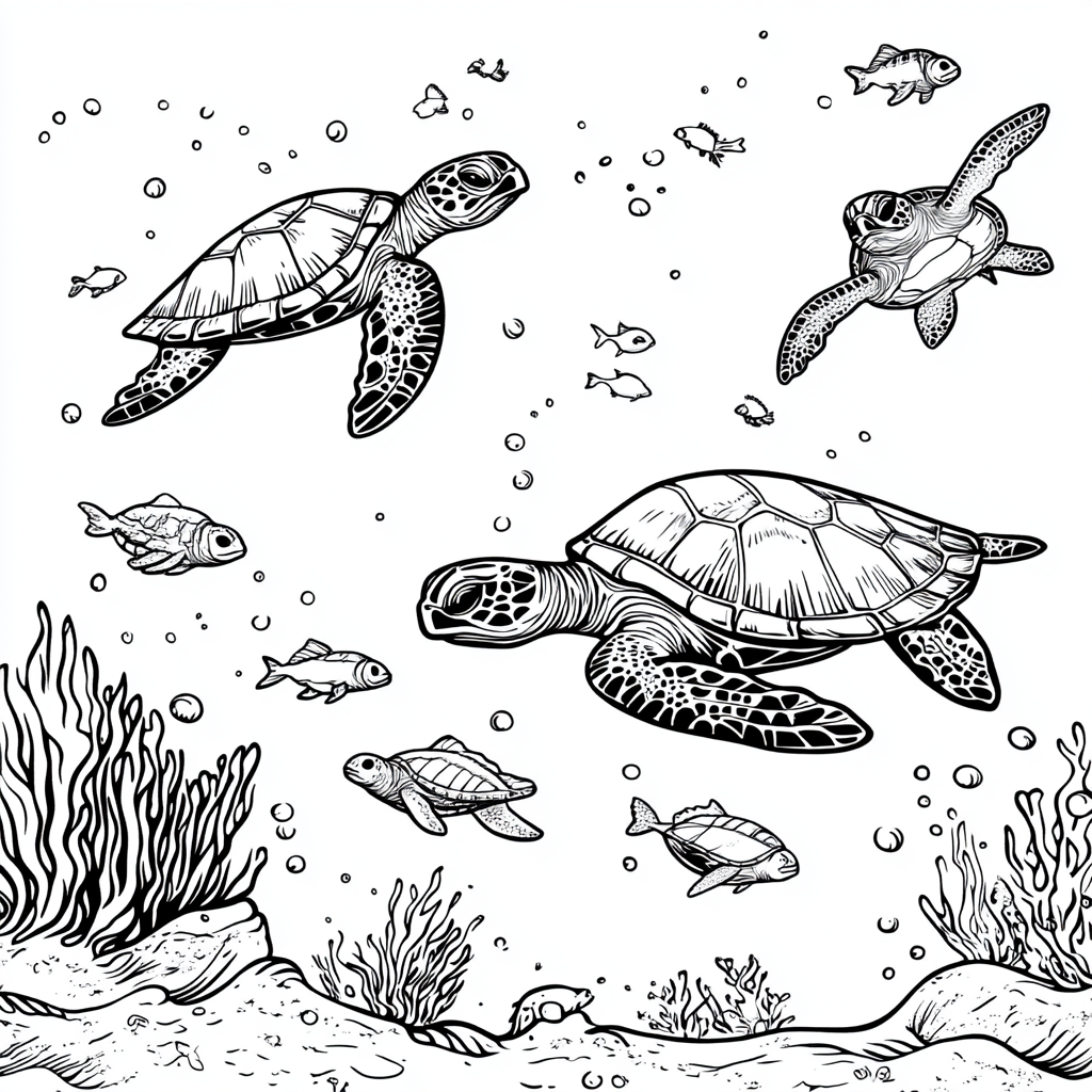 Various sea creatures in coloring design, black and white.