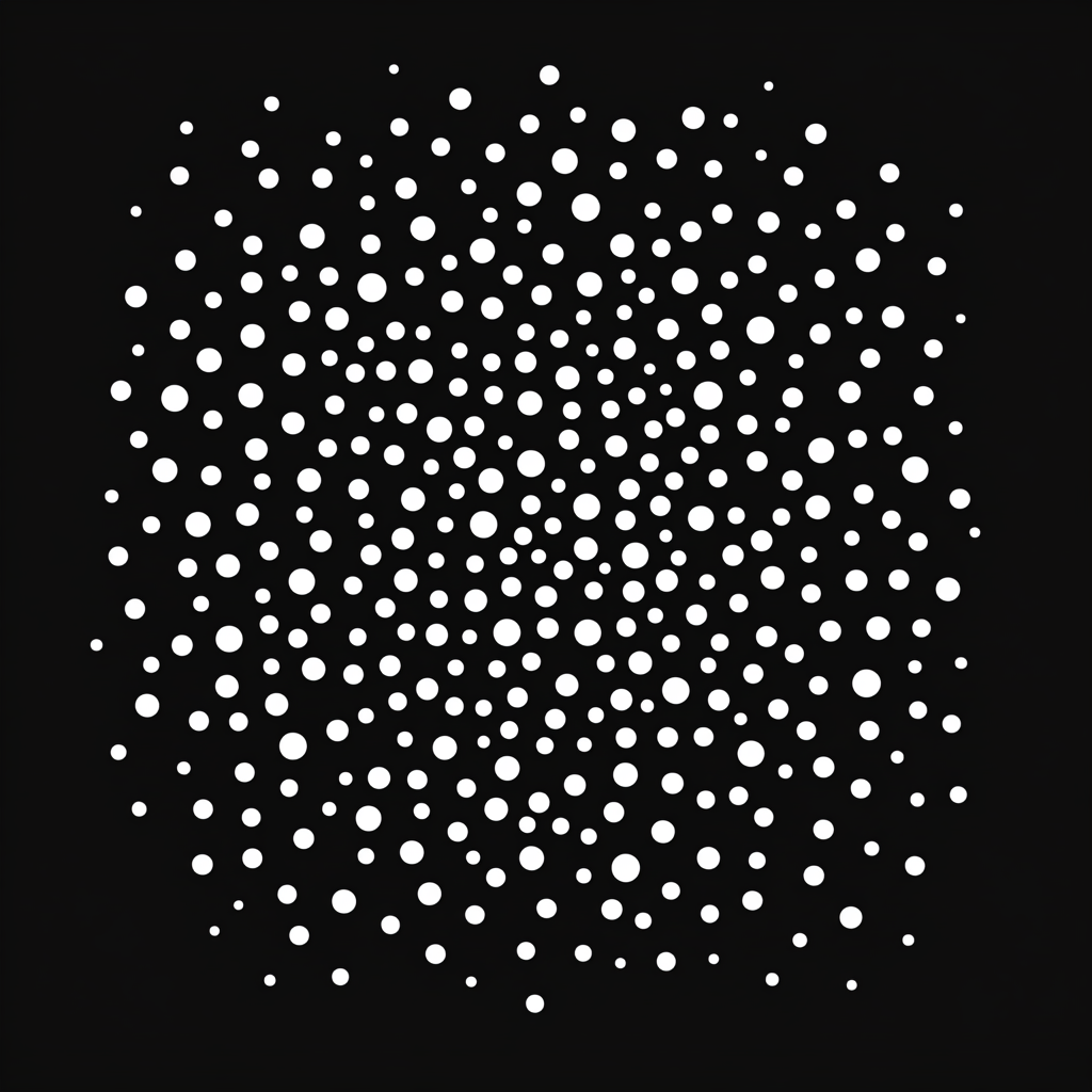 Various sizes of white dots on black background evenly spaced.