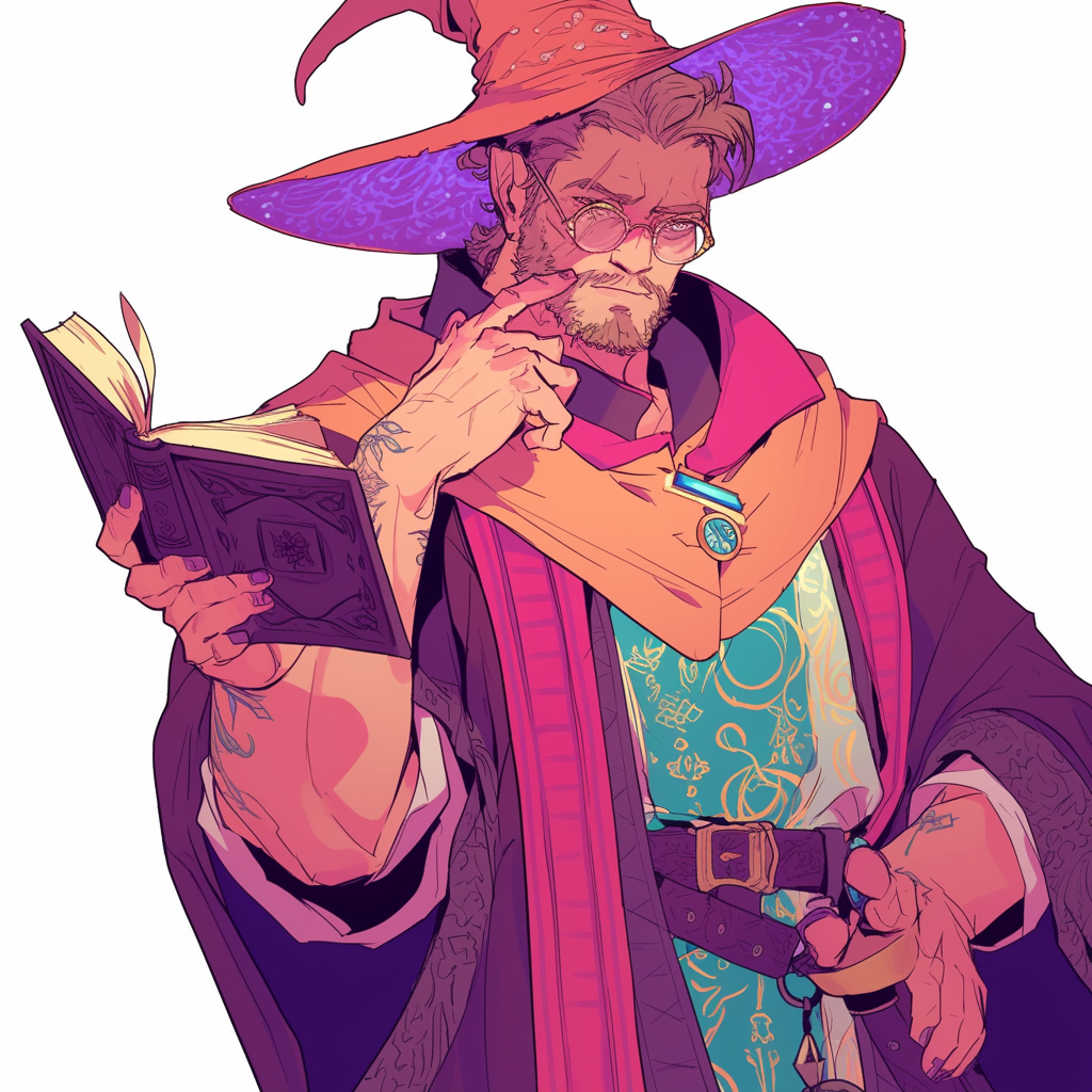 Varric Tethras wears wizard hat, contemplates tome