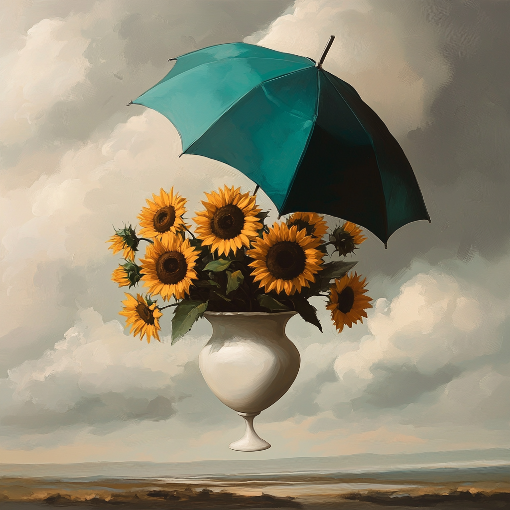 Vase with sunflowers and teal umbrella flying in sky.