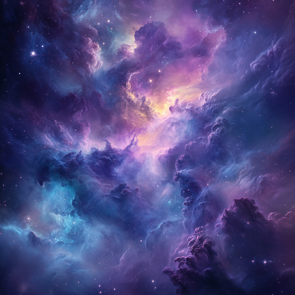 Vast, swirling cosmic clouds in vibrant shades, glowing stars.