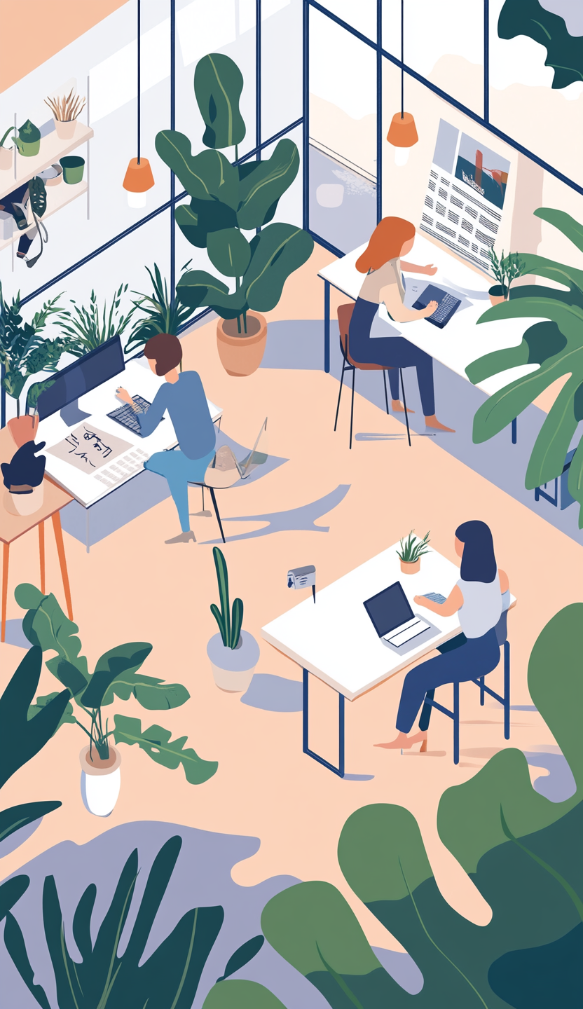 Vector Illustration: Energetic Newspaper Office with Women, Plants, and Cat