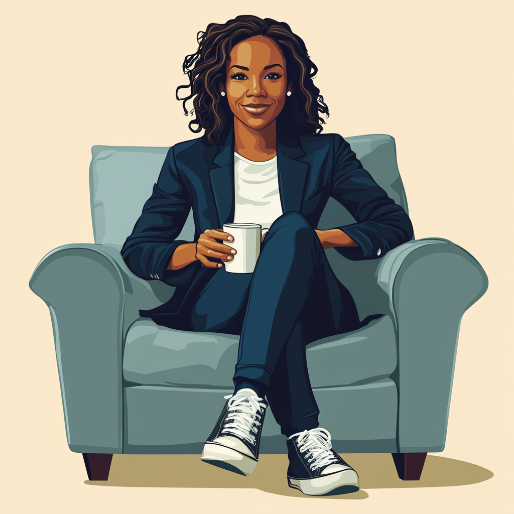 Vector art of black female politician sitting on couch.