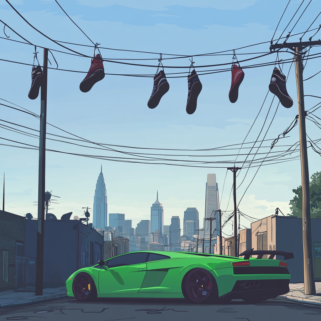 Vector design of green Lamborghini in Philadelphia with skyline view.