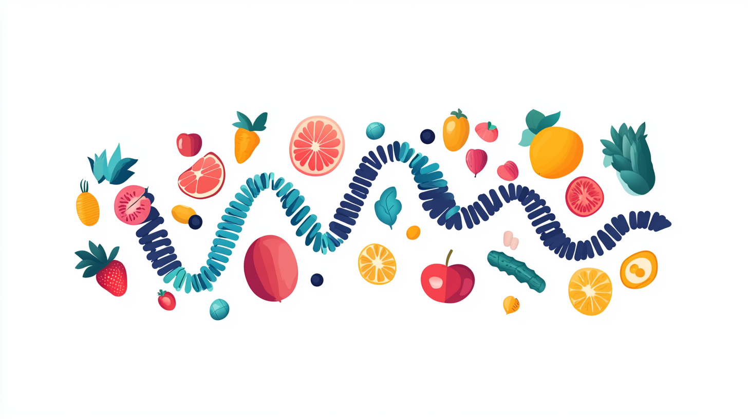 Vector illustration of DNA merging with fresh foods.