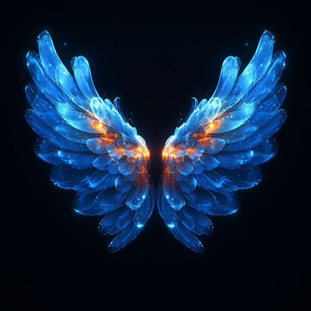 Vector illustration of glowing angel wings on black background.