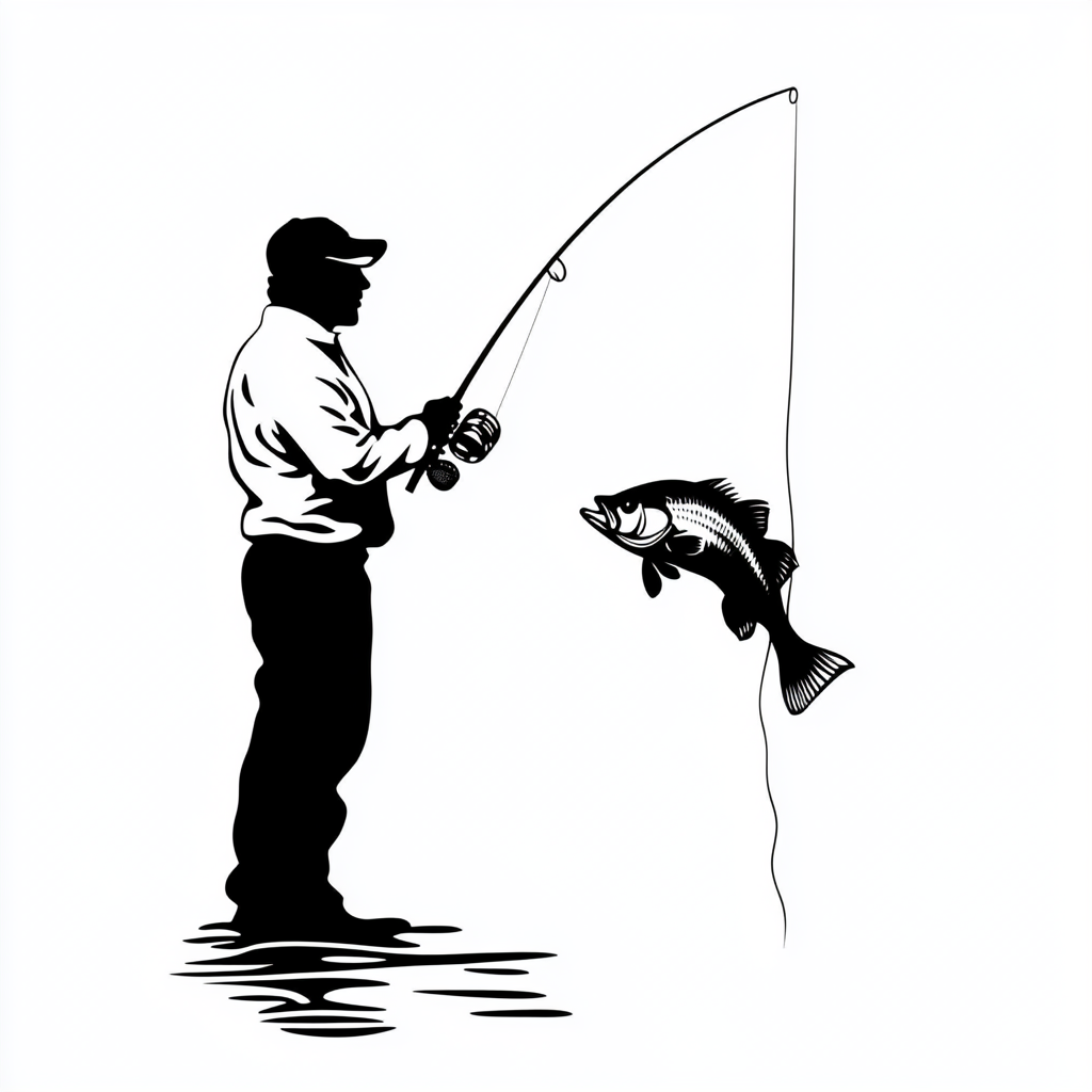 Vector illustration of man fishing with Bass catch.