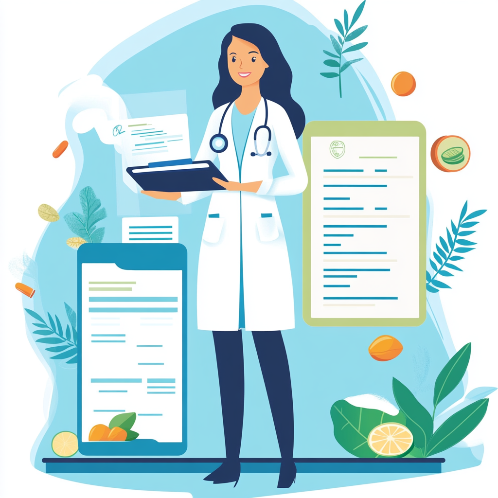 Vector illustration of standing nutritionist with certificates, clients.