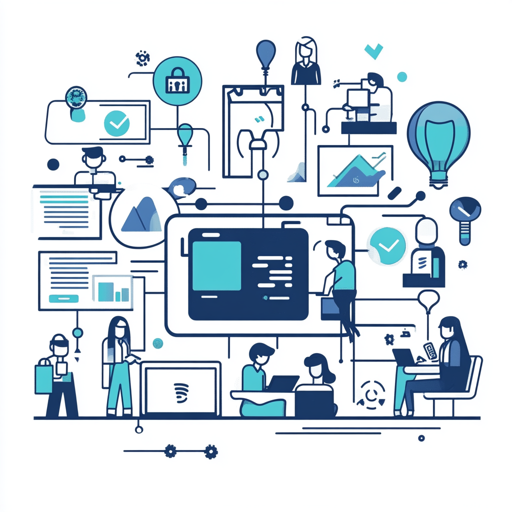 Vector illustration of technical support team, marketing assistance icons.