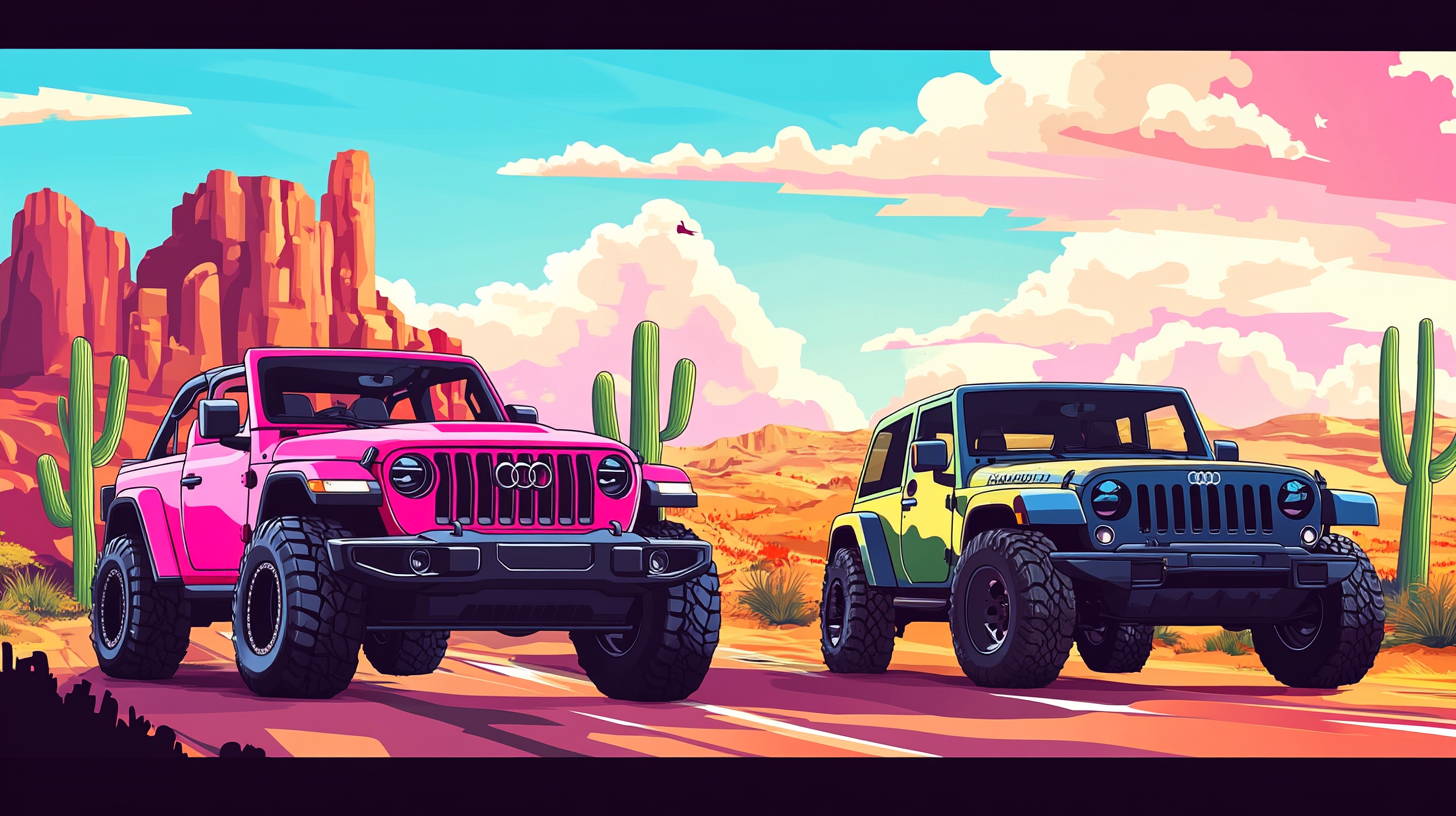 Vector illustration: Jeep Gladiator and Audi R8 together desert-themed.