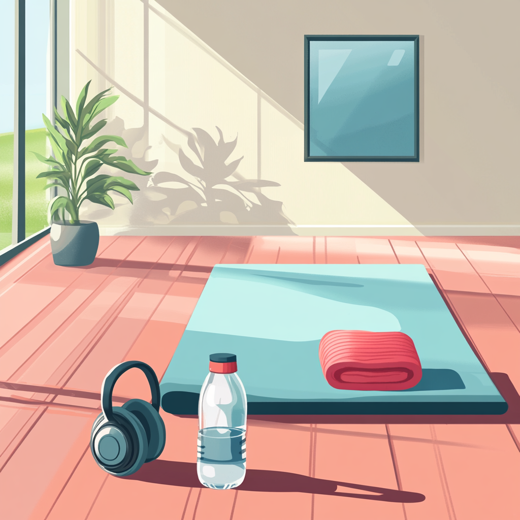 Vector living room scene with exercise mat and headphones.