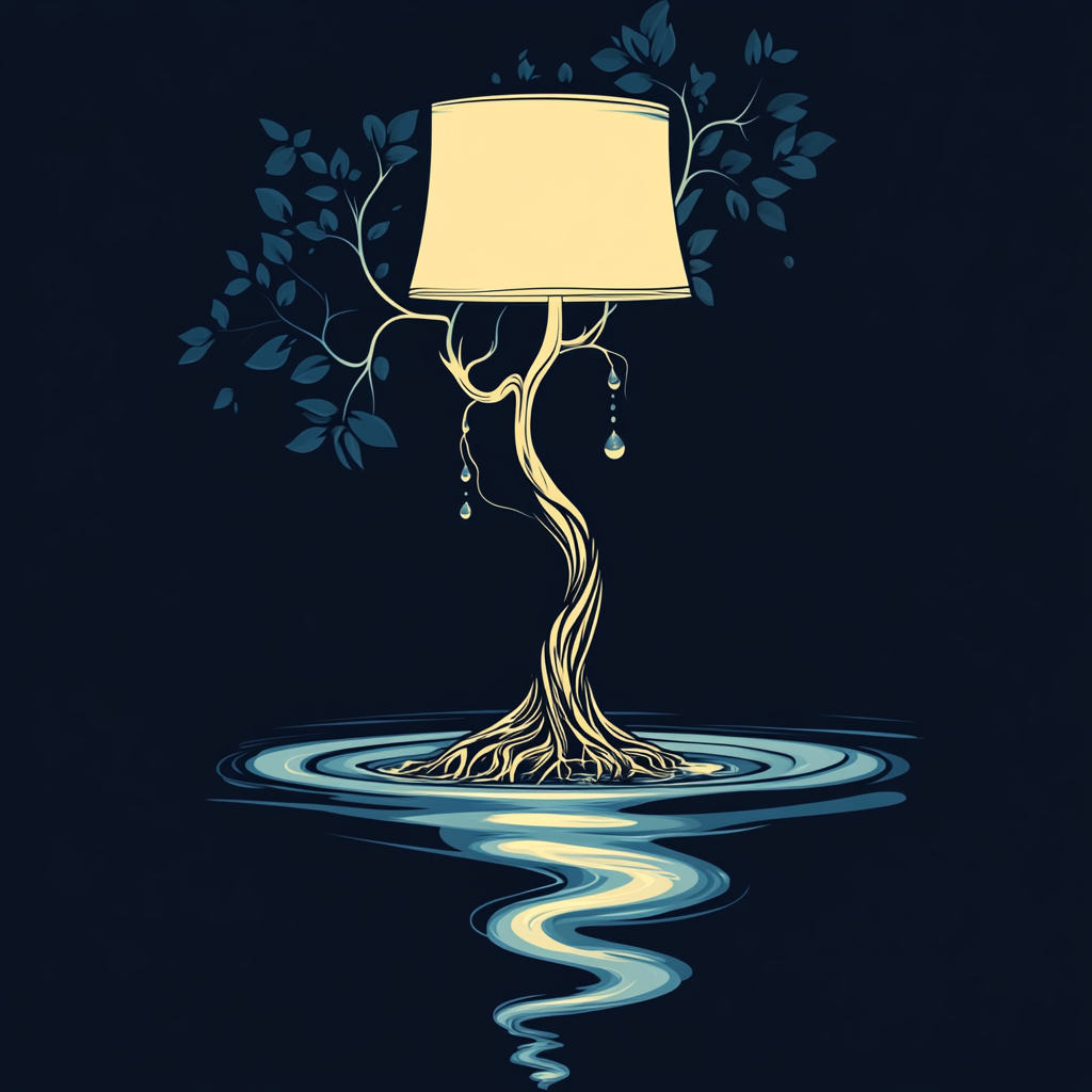 Vector logo depicts lamp with tree roots pedestal.