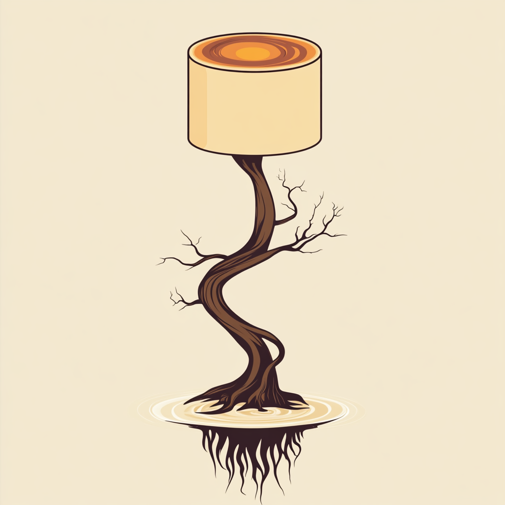 Vector logo lamp with tree roots pedestal, ecru lampshade.