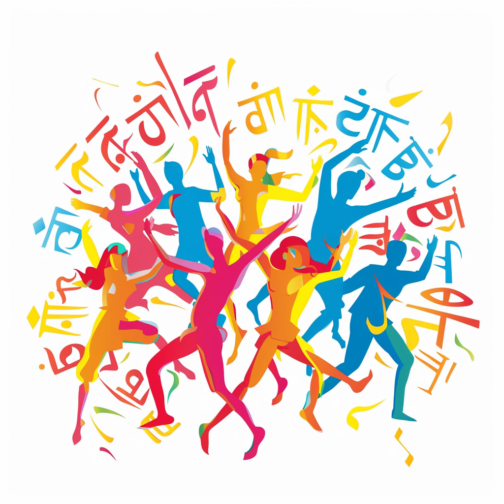 Vector logo with Hindi symbols, people dancing at rave.