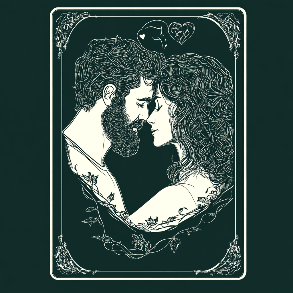 Vector style playing card: green with couple in love.