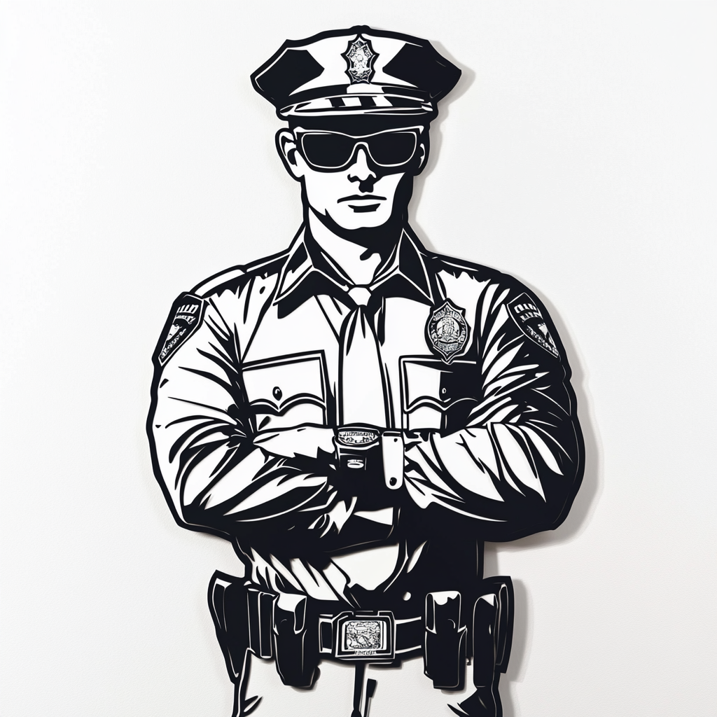 Vector-style police officer metal wall art in black and white.