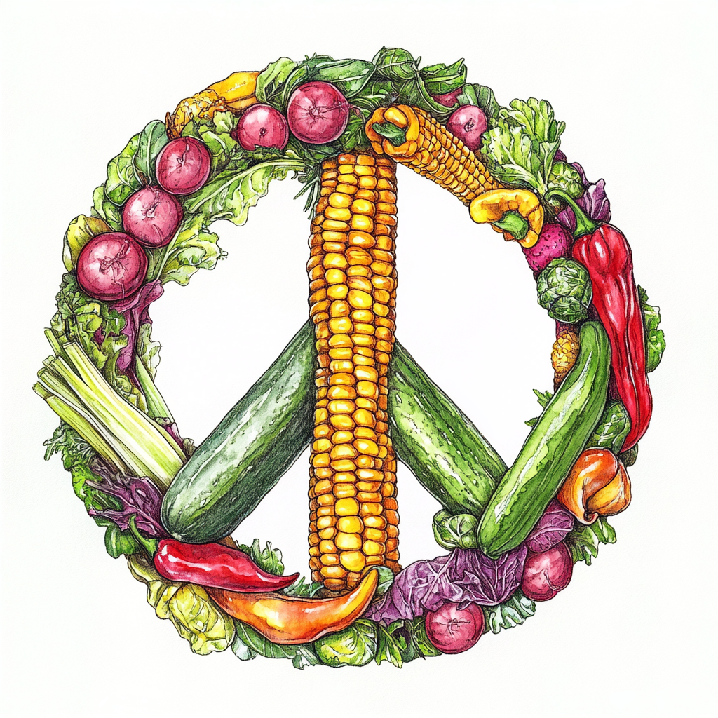 Vegetable peace sign illustration: radishes, corn, cucumbers.