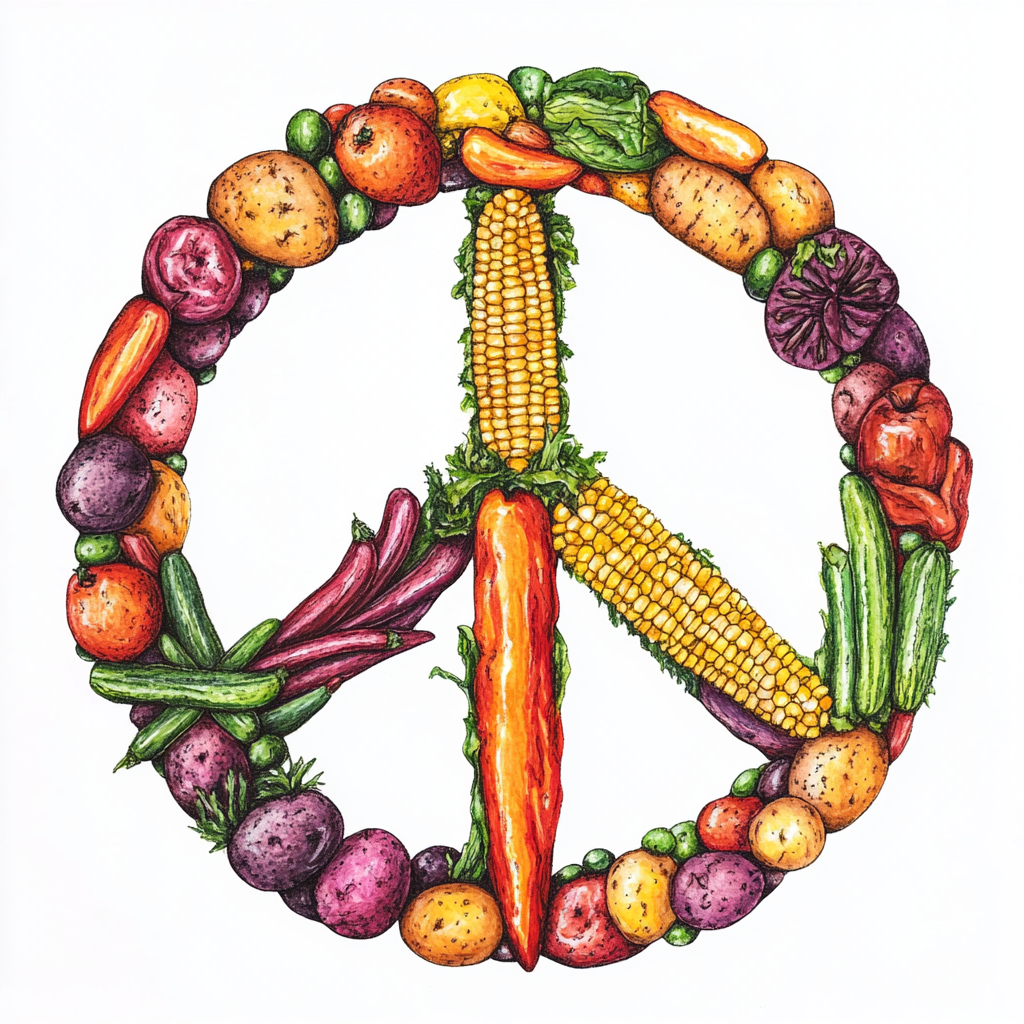 Veggie peace sign with vivid water color accents.