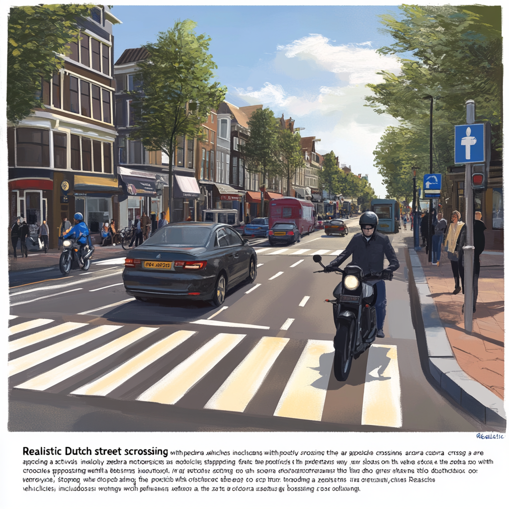 Vehicle stop at Dutch zebra crossing, pedestrians cross safely.