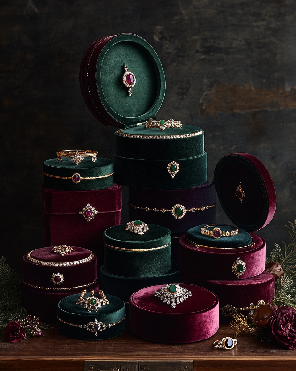 Velvet jewelry boxes with sparkling gemstones on display