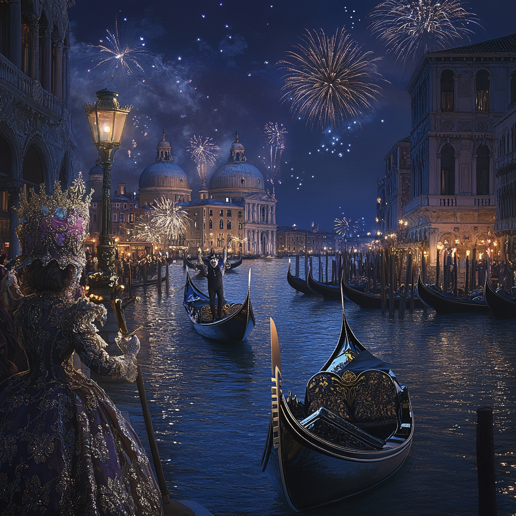 Venetian Carnival Night Scene with Masked Revelers, Gondolas, Fireworks