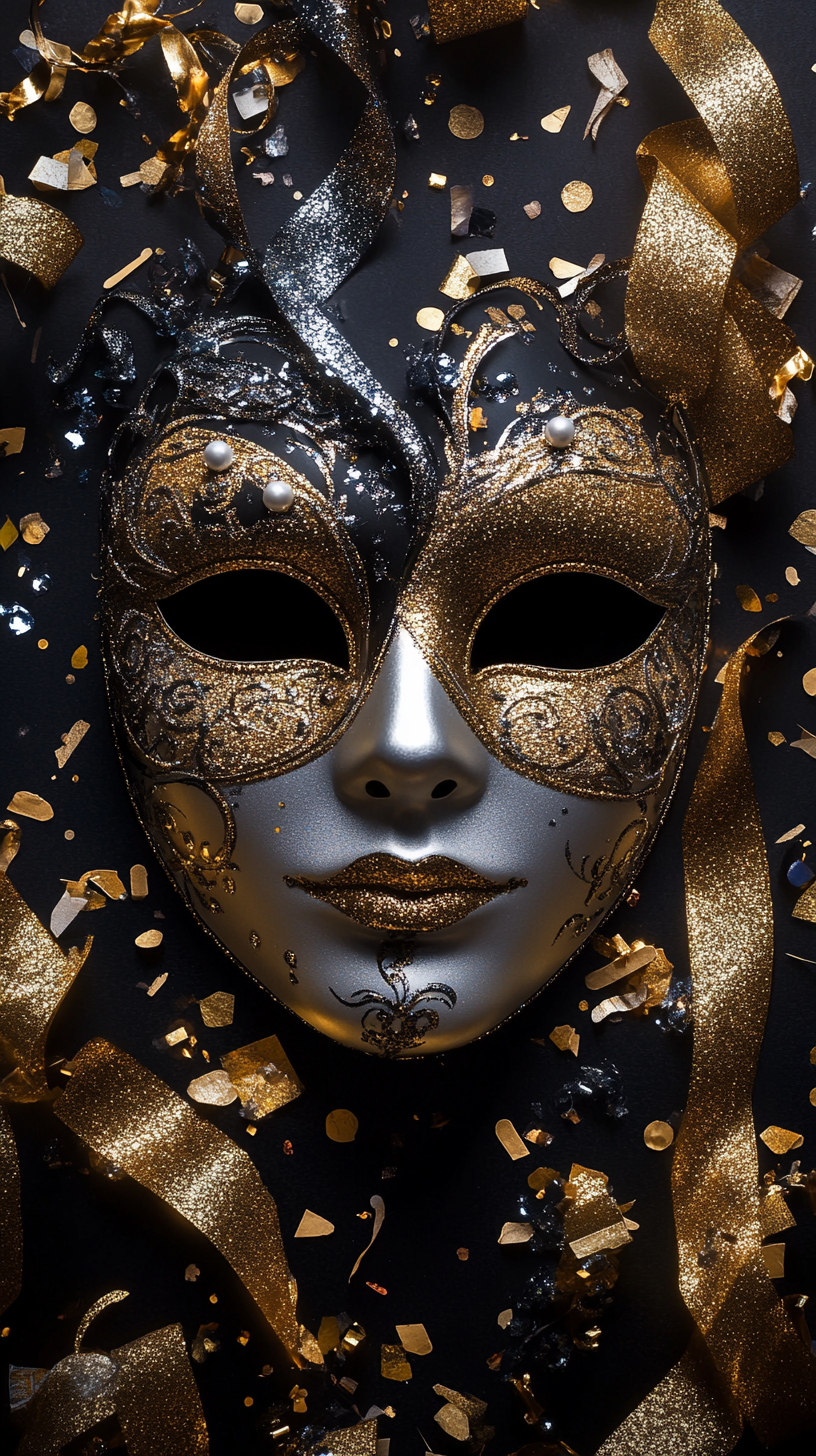 Venetian carnival mask with glitter, gold foil, confetti, streamers