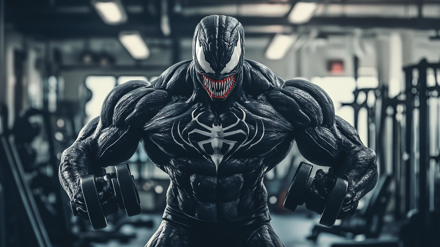 Venom's Strong Muscles in Gym with Dumbbells