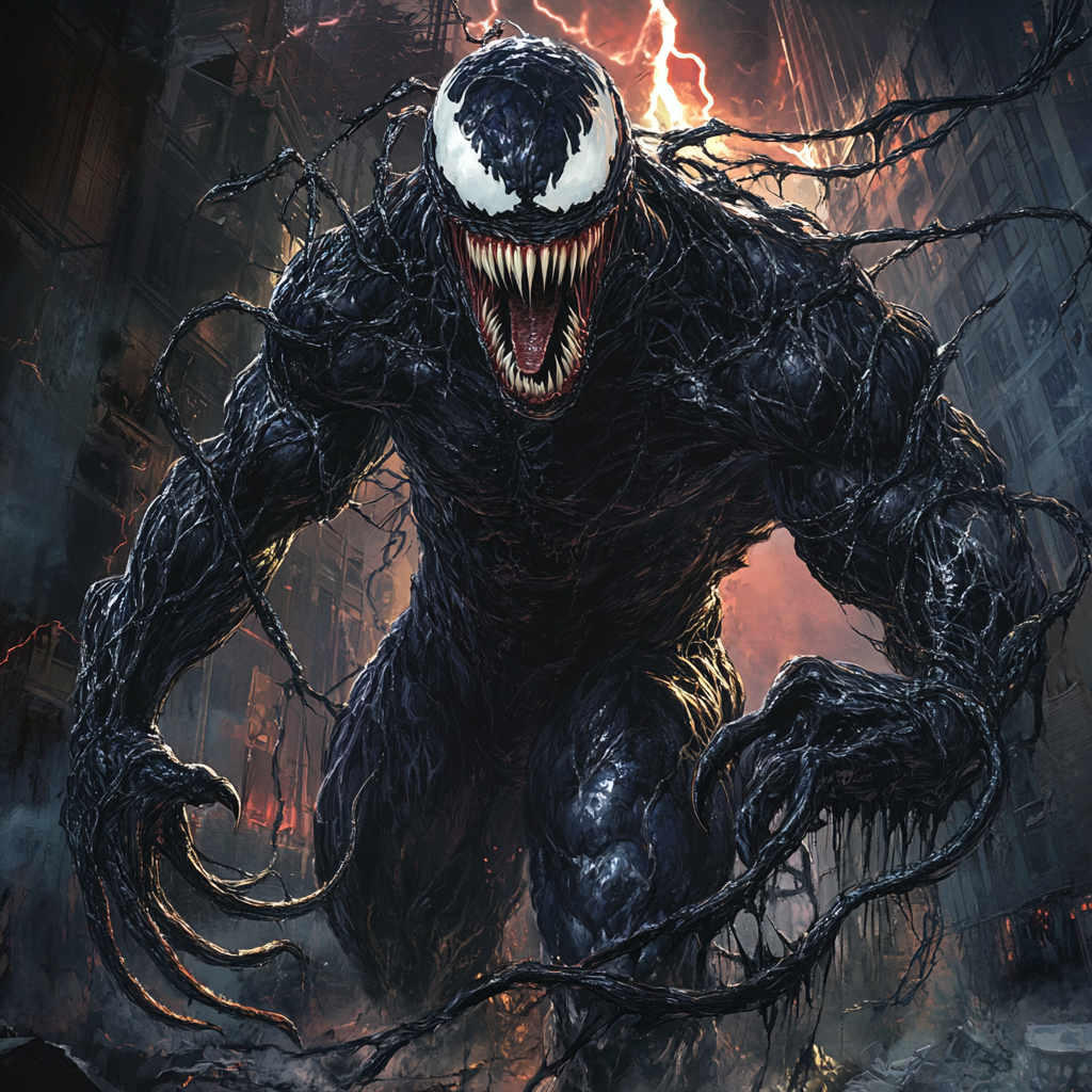 Venom-Godzilla hybrid monster with sharp teeth and glowing eyes.