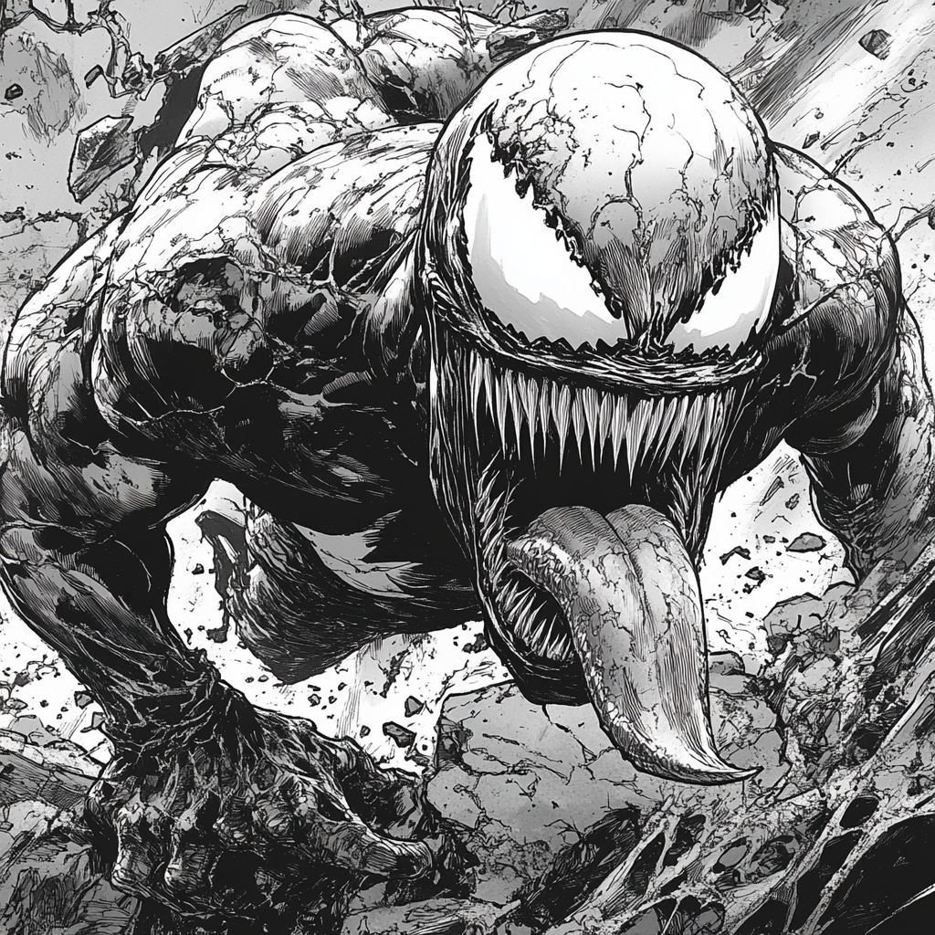 Venom comic hero crawling with tongue out