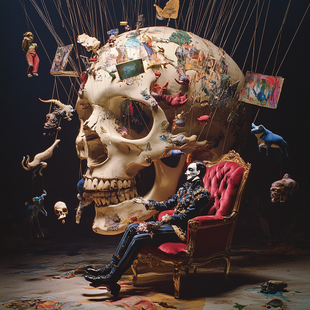 Ventriloquist controls floating objects inside giant skull. Surreal chaos.