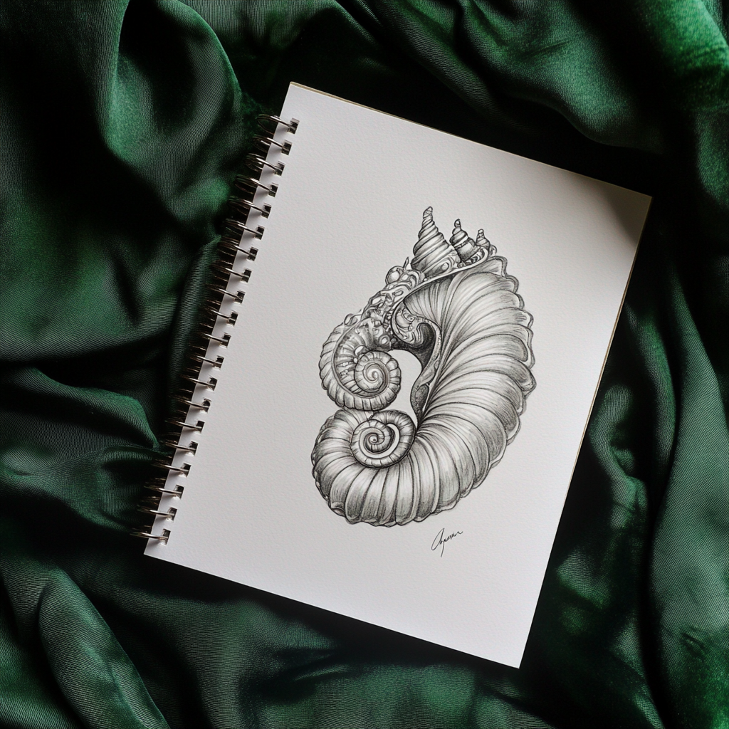 Venus-inspired art nouveau pendant sketch on spiral notebook