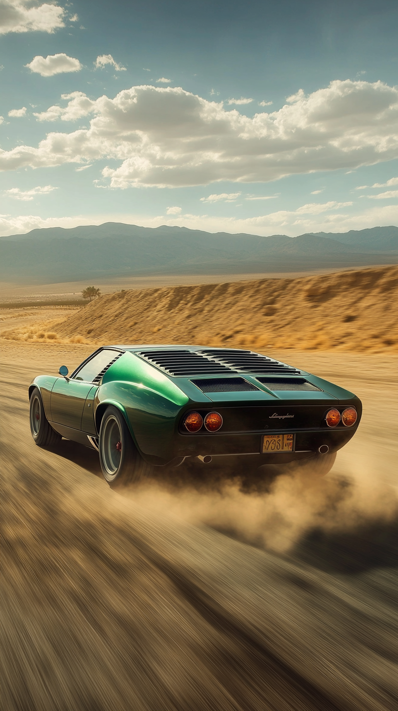 Verde Miura Lamborghini racing in desert, dust clouds.