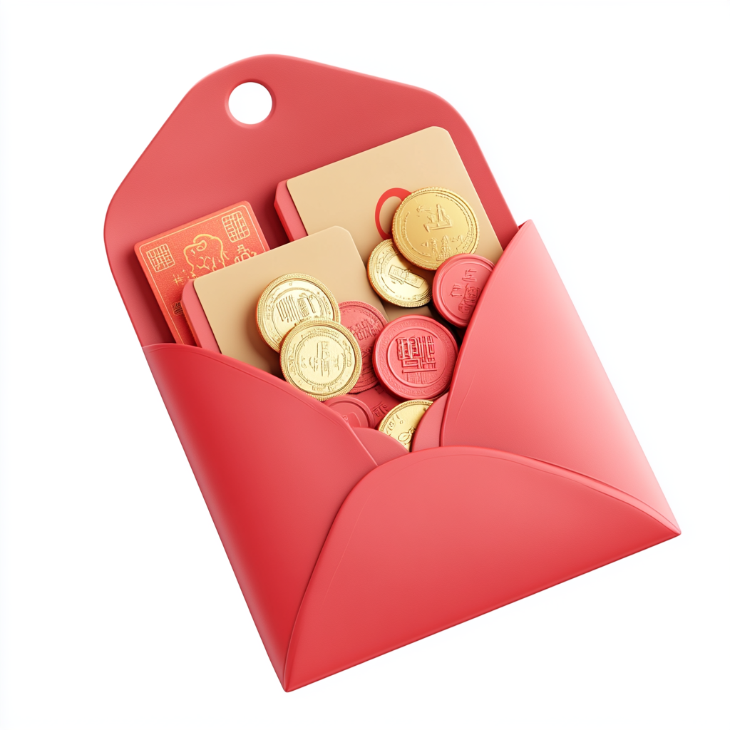 Vertical Chinese Red Envelope with Vouchers and Coins