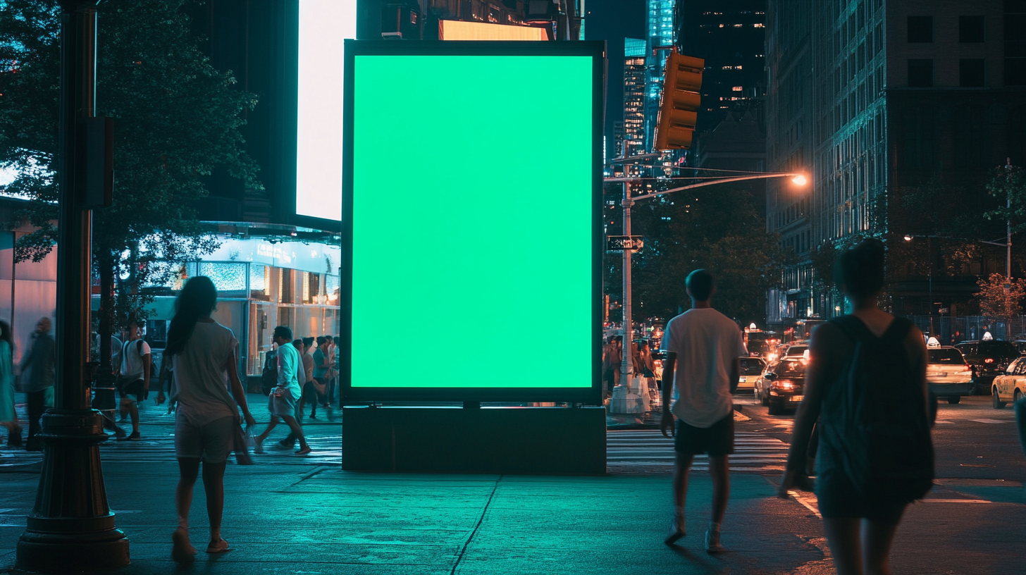 Vertical billboard in NYC nightlife with green inside color.